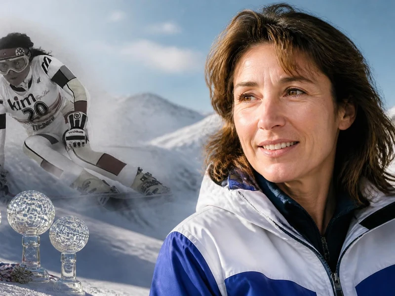 Portrait de la skieuse Carole Merle superposé à une image d'elle en compétition avec ses trophées