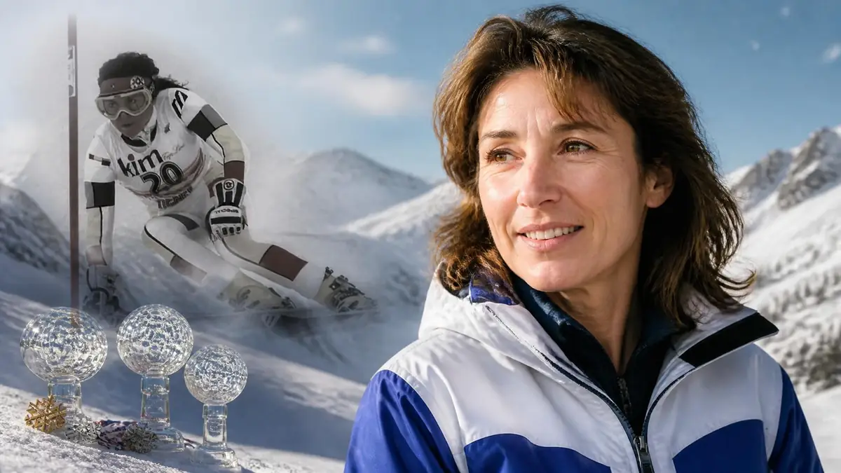 Portrait de la skieuse Carole Merle superposé à une image d'elle en compétition avec ses trophées