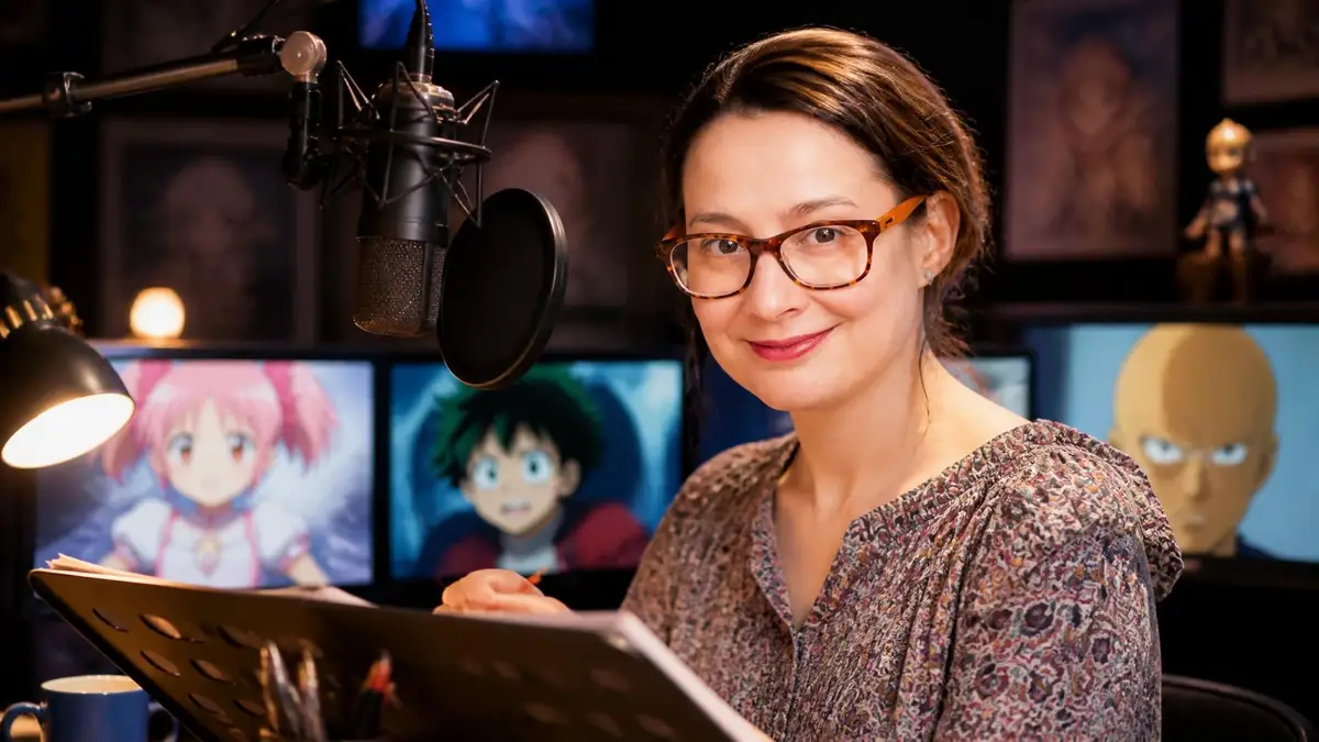 Caroline Combes souriante devant son micro de studio avec des écrans d'animation en arrière-plan