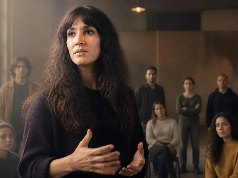 Caroline Guiela Nguyen dirige un groupe de personnes dans un espace de répétition ou de travail créatif