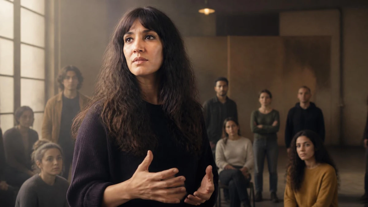 Caroline Guiela Nguyen dirige un groupe de personnes dans un espace de répétition ou de travail créatif