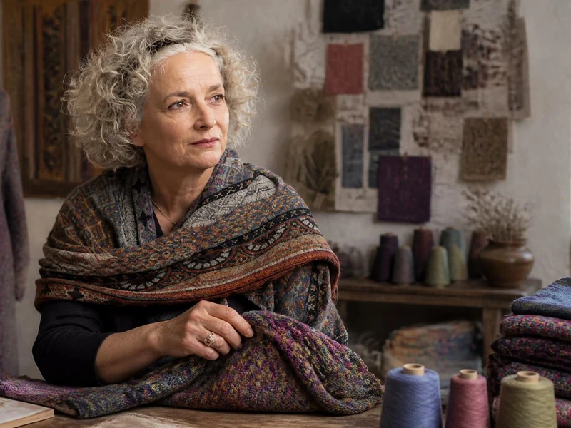 Catherine André travaille dans son atelier entourée de tissus et de bobines de fil colorés
