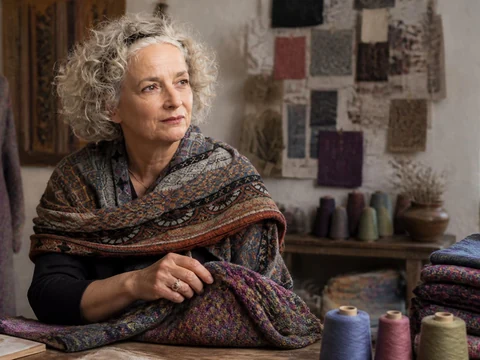 Catherine André travaille dans son atelier entourée de tissus et de bobines de fil colorés