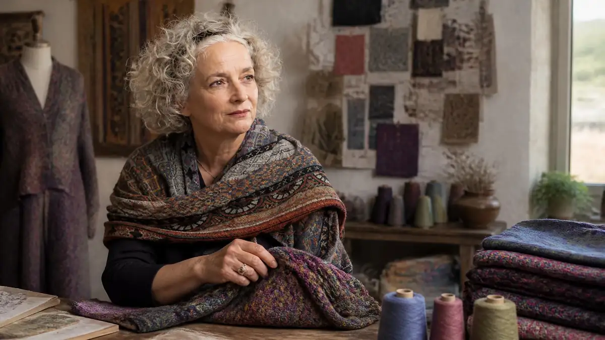 Catherine André travaille dans son atelier entourée de tissus et de bobines de fil colorés