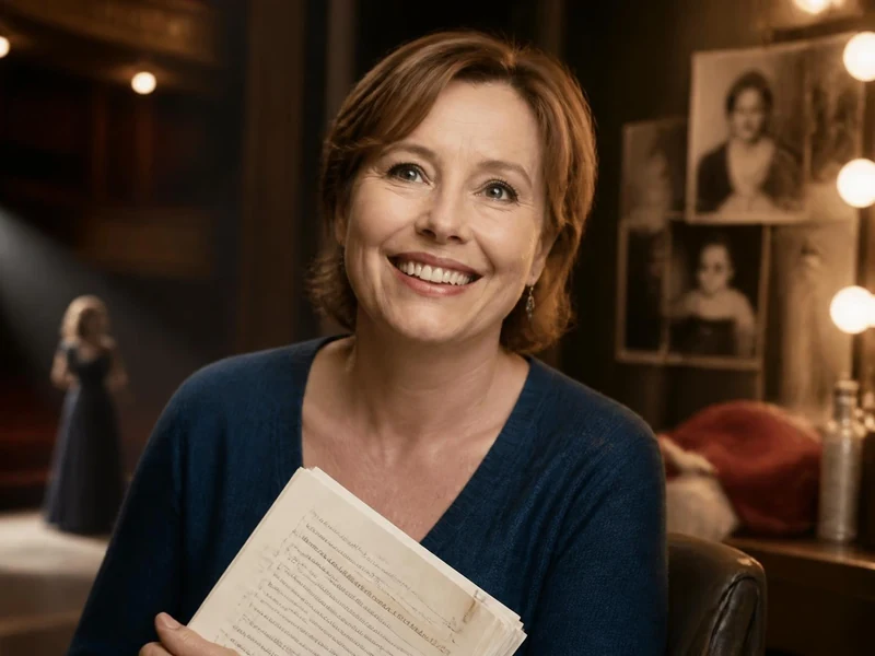 Portrait souriant de Catherine Chevallier tenant un script dans une loge de théâtre éclairée