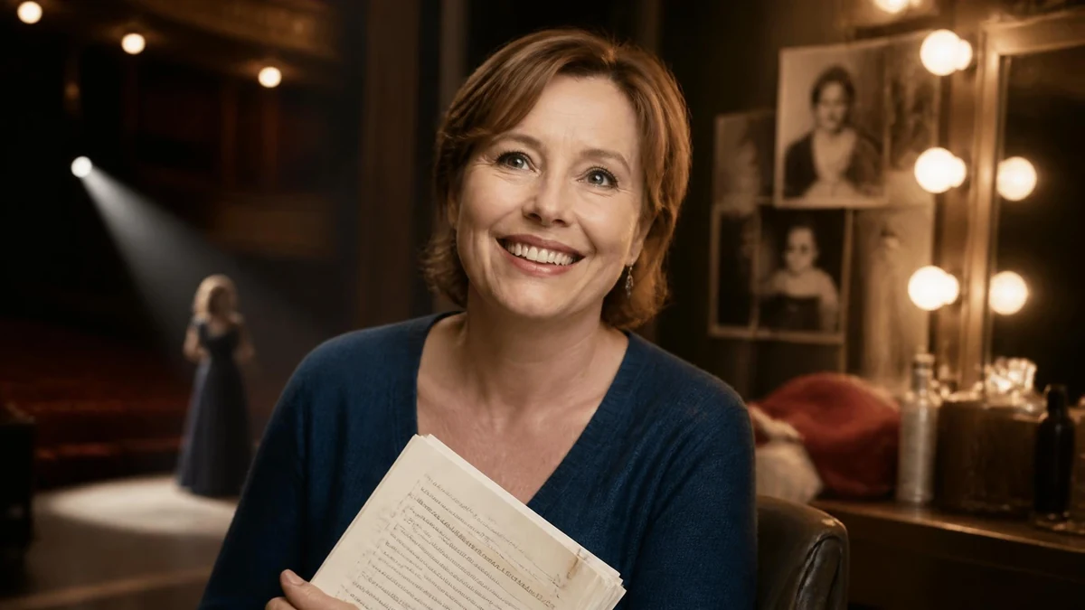 Portrait souriant de Catherine Chevallier tenant un script dans une loge de théâtre éclairée