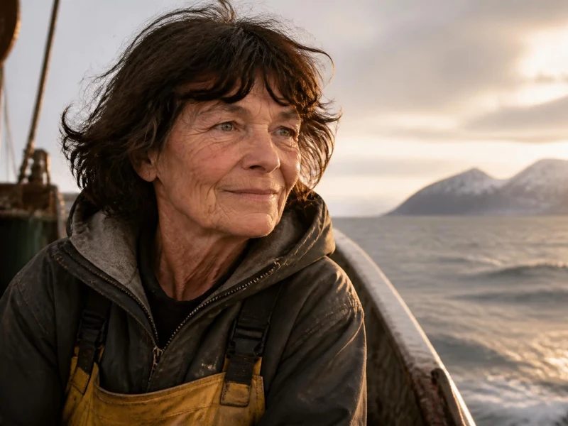Portrait de Catherine Poulain en mer, vêtue d'une tenue de travail, contemplant l'horizon au coucher du soleil