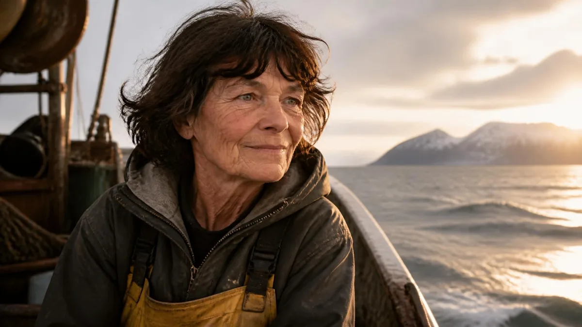 Portrait de Catherine Poulain en mer, vêtue d'une tenue de travail, contemplant l'horizon au coucher du soleil