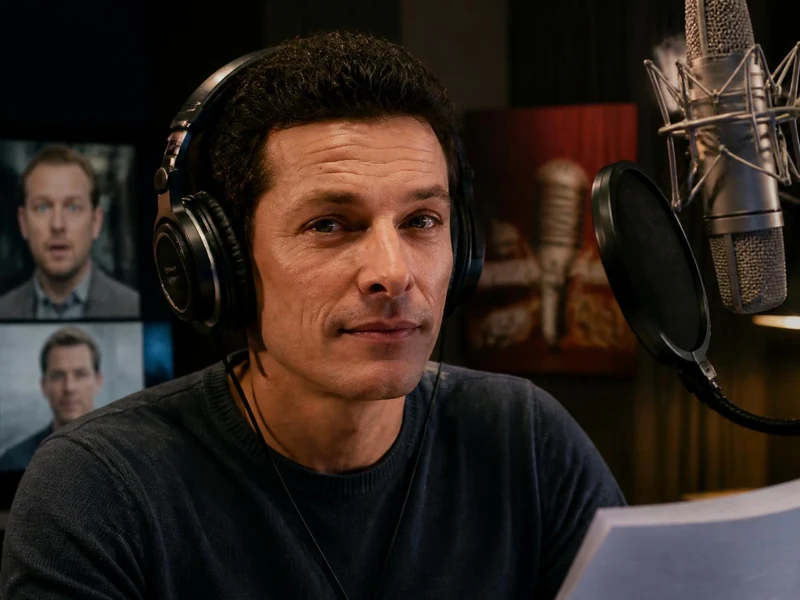 Le comédien Cédric Dumond porte un casque audio en studio d'enregistrement devant un micro et des images de ses rôles
