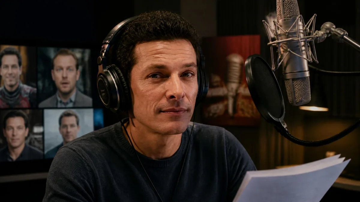 Le comédien Cédric Dumond porte un casque audio en studio d'enregistrement devant un micro et des images de ses rôles