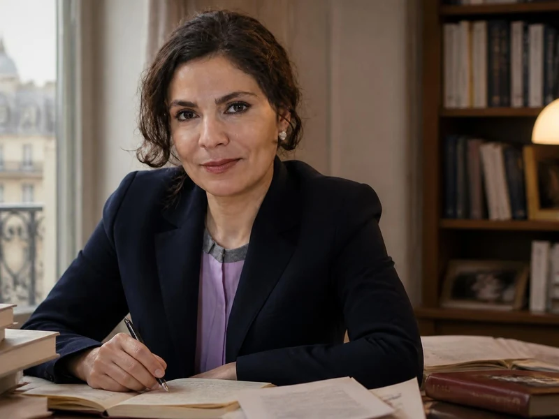 Portrait de l'écrivaine Chahdortt Djavann en train d'écrire à son bureau devant une bibliothèque