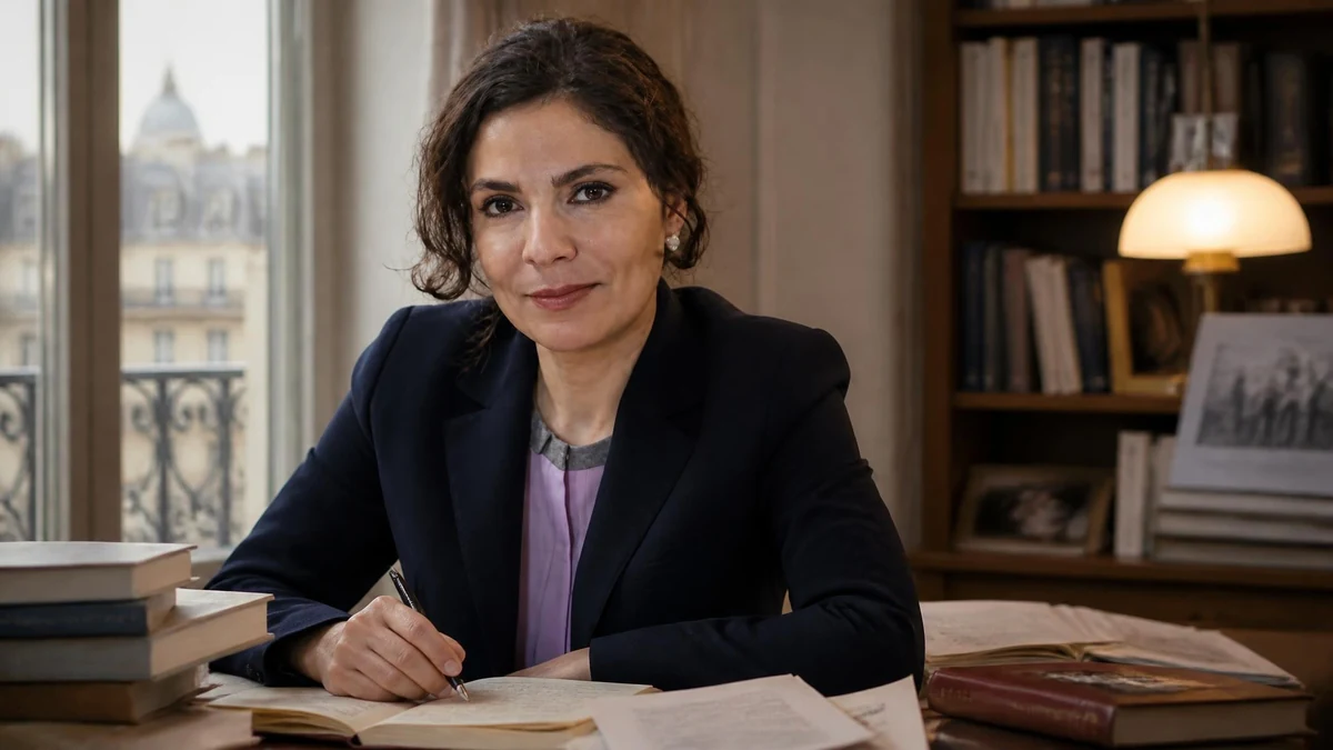 Portrait de l'écrivaine Chahdortt Djavann en train d'écrire à son bureau devant une bibliothèque