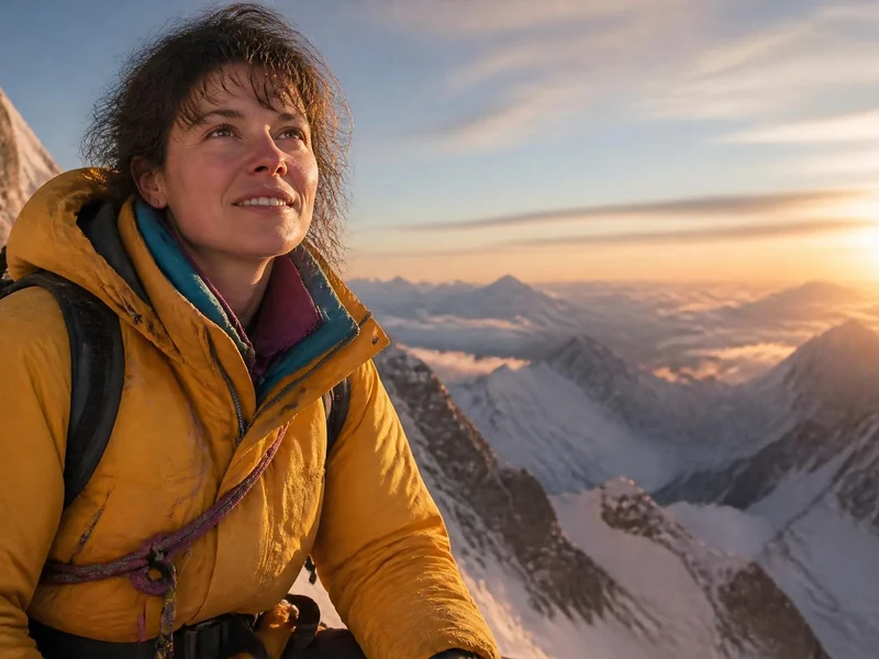 Portrait de Chantal Mauduit admirant le lever du soleil depuis les sommets enneigés de l'Himalaya