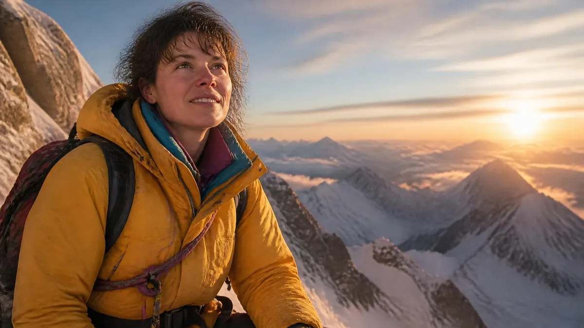 Portrait de Chantal Mauduit admirant le lever du soleil depuis les sommets enneigés de l'Himalaya