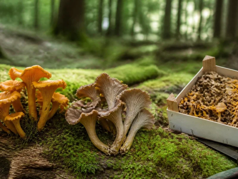 Des chanterelles jaunes et brunes posées sur une mousse en forêt à côté d'une caissette pleine de champignons récoltés