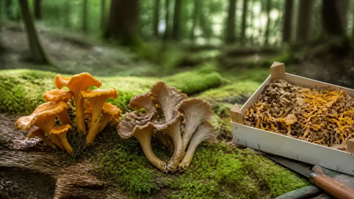 Des chanterelles jaunes et brunes posées sur une mousse en forêt à côté d'une caissette pleine de champignons récoltés