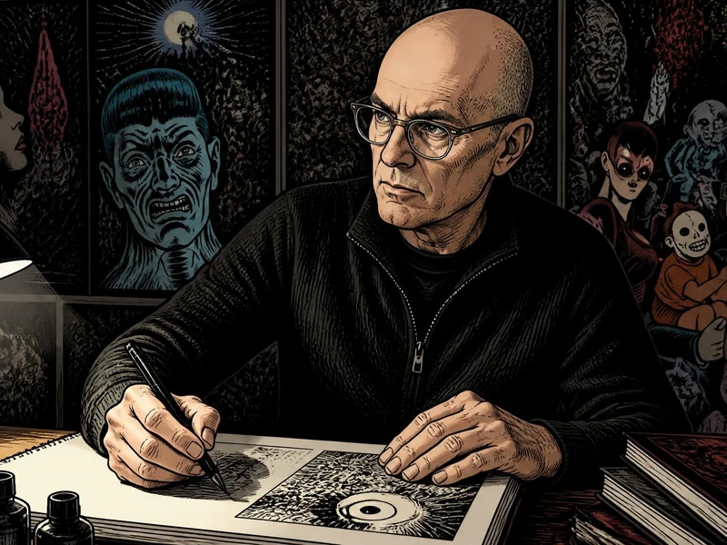 L'auteur Charles Burns dessine dans son atelier entouré de ses personnages sombres et inquiétants
