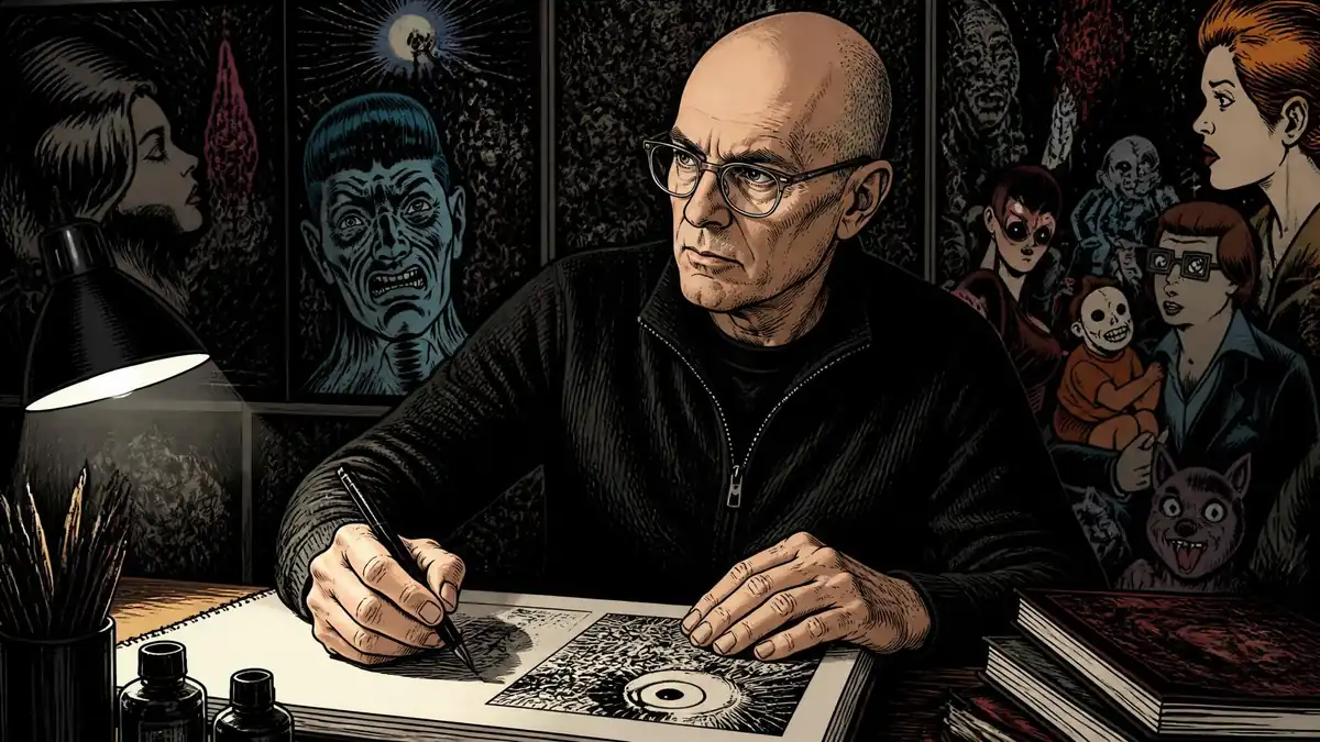 L'auteur Charles Burns dessine dans son atelier entouré de ses personnages sombres et inquiétants