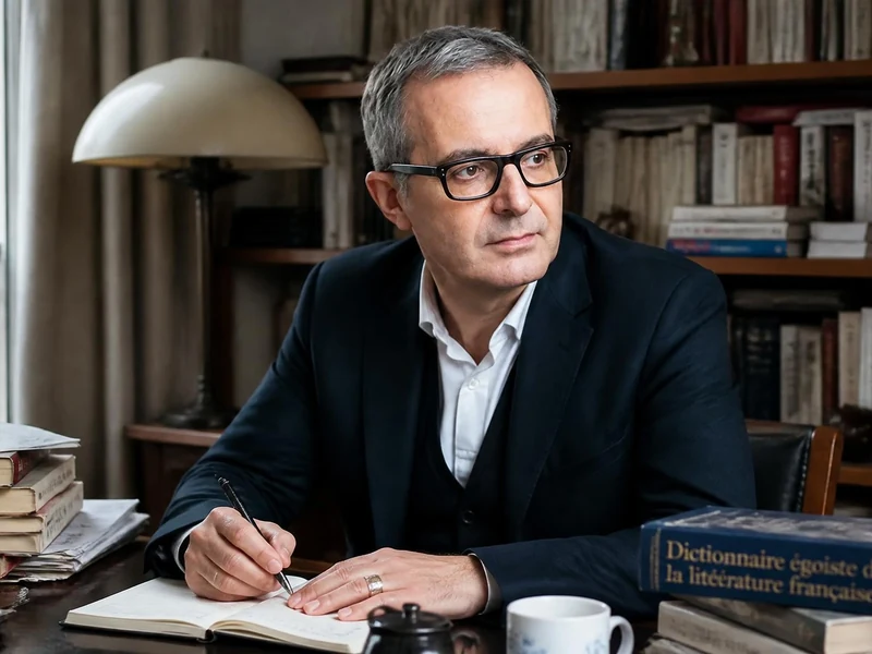 Portrait de l'écrivain Charles Dantzig assis à son bureau devant une bibliothèque remplie de livres