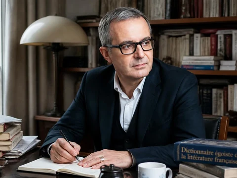Portrait de l'écrivain Charles Dantzig assis à son bureau devant une bibliothèque remplie de livres