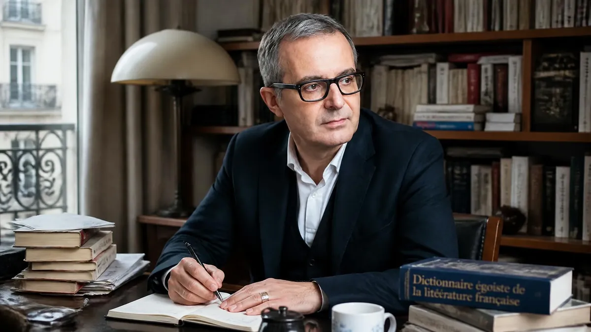 Portrait de l'écrivain Charles Dantzig assis à son bureau devant une bibliothèque remplie de livres