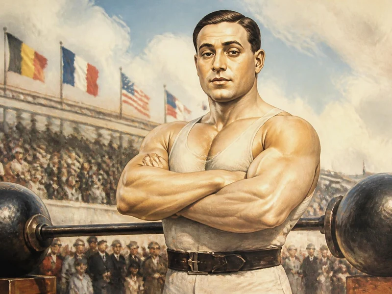 Portrait illustré de Charles Rigoulot, l'homme le plus fort du monde, posant fièrement avec une barre d'haltérophilie