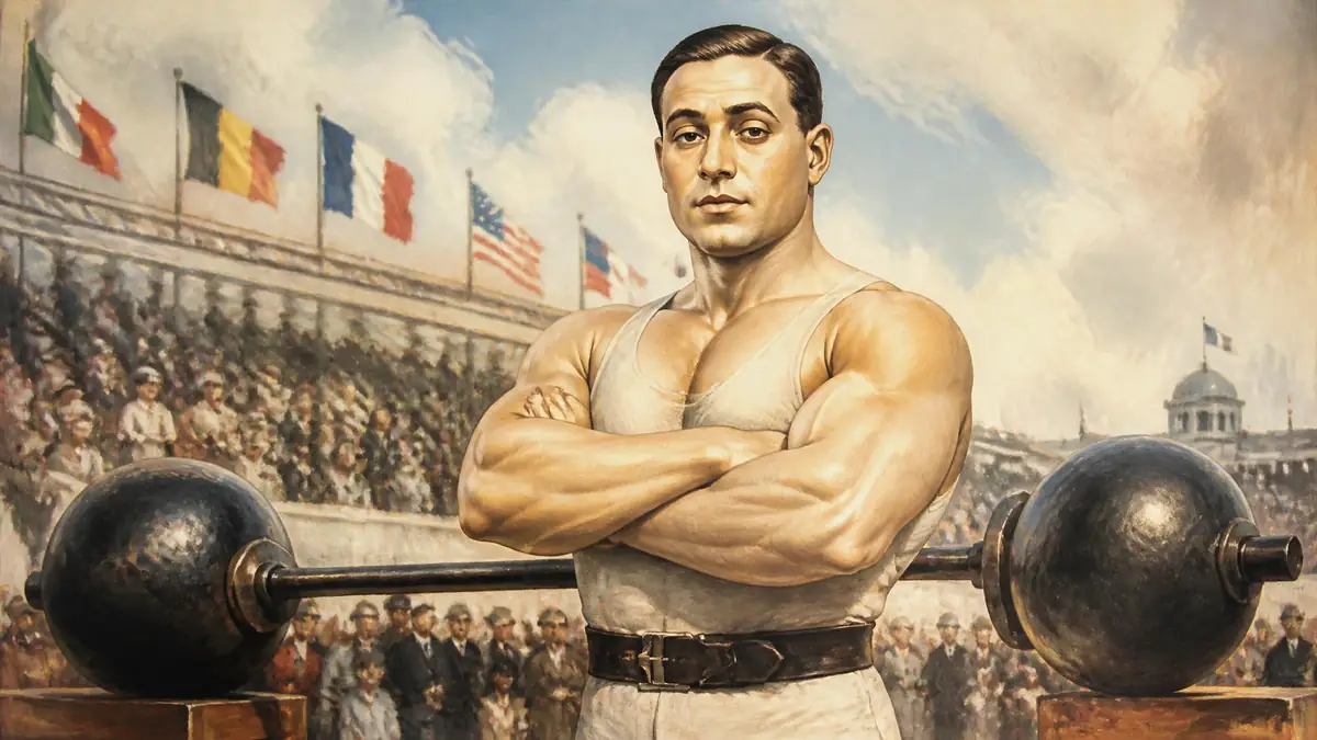 Portrait illustré de Charles Rigoulot, l'homme le plus fort du monde, posant fièrement avec une barre d'haltérophilie