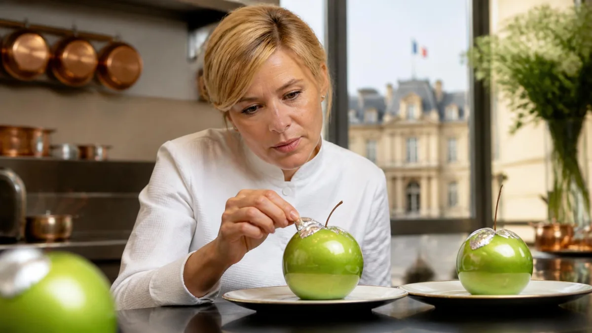 Christelle Brua prépare avec minutie ses créations pâtissières en forme de pommes vertes dans sa cuisine