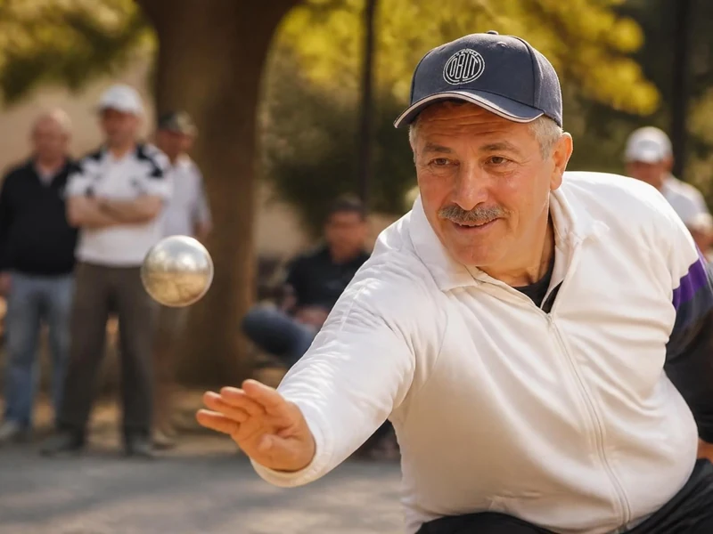 Christian Fazzino lance une boule de pétanque lors d'une partie en extérieur devant des spectateurs