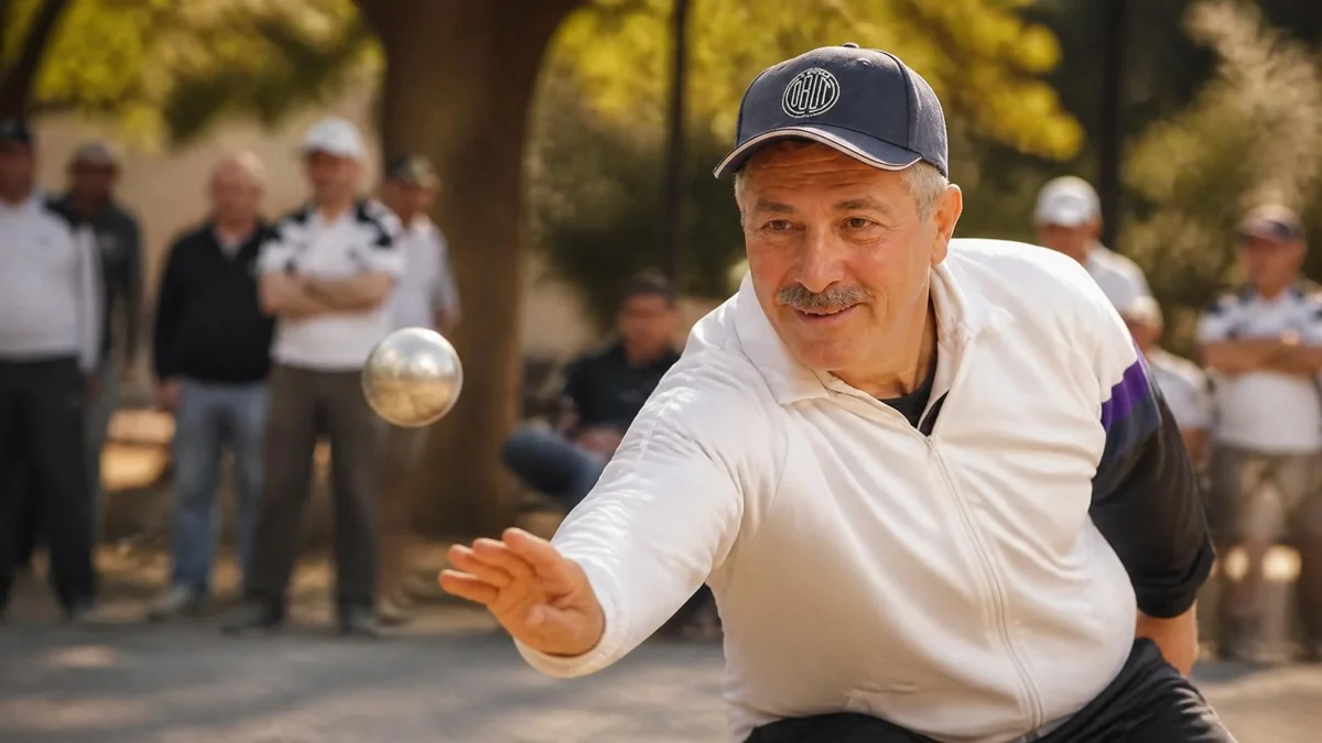 Christian Fazzino lance une boule de pétanque lors d'une partie en extérieur devant des spectateurs