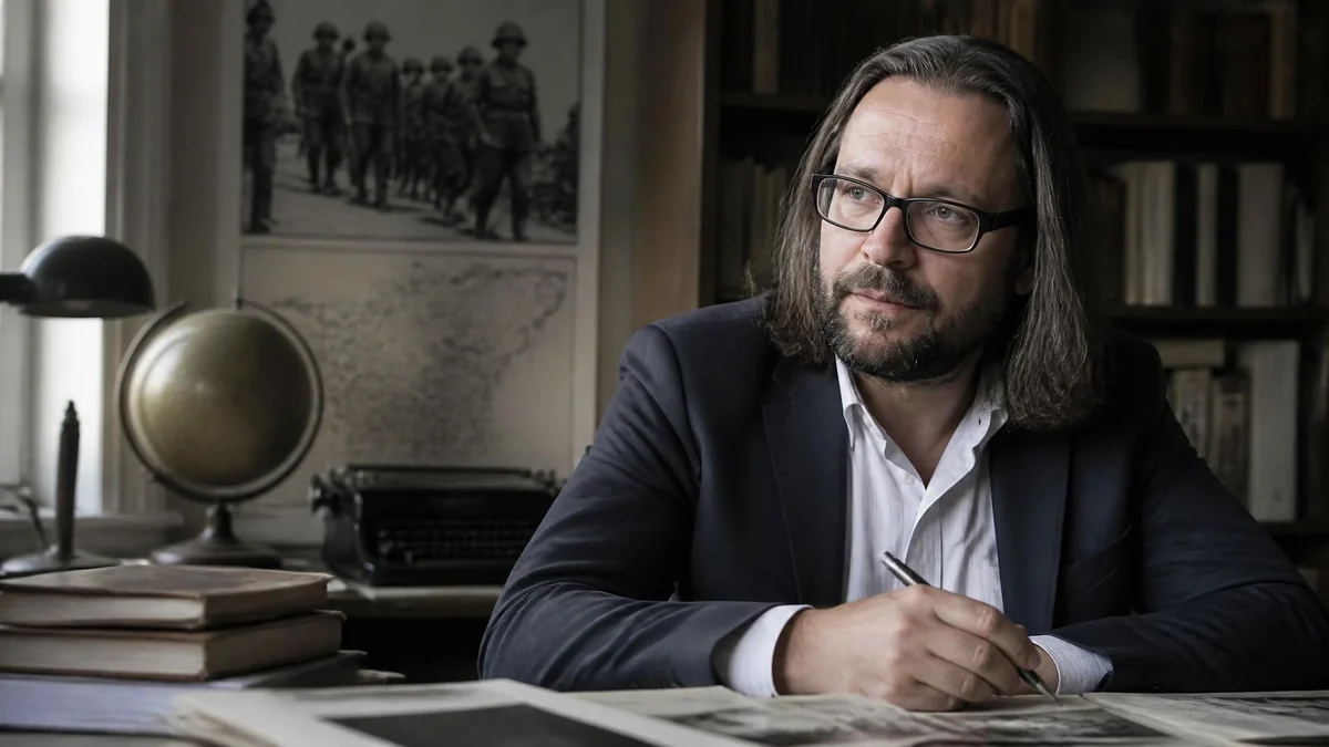 Christian Ingrao travaille à son bureau entouré de livres et d'objets historiques