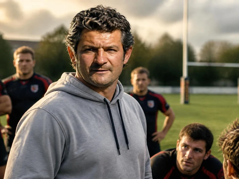 Christian Labit en tenue décontractée sur un terrain de rugby entouré de ses joueurs lors d'un entraînement