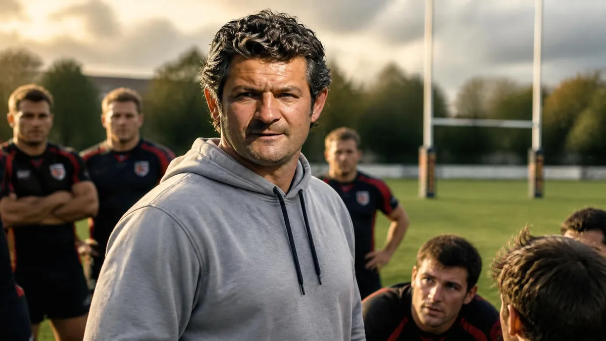 Christian Labit en tenue décontractée sur un terrain de rugby entouré de ses joueurs lors d'un entraînement