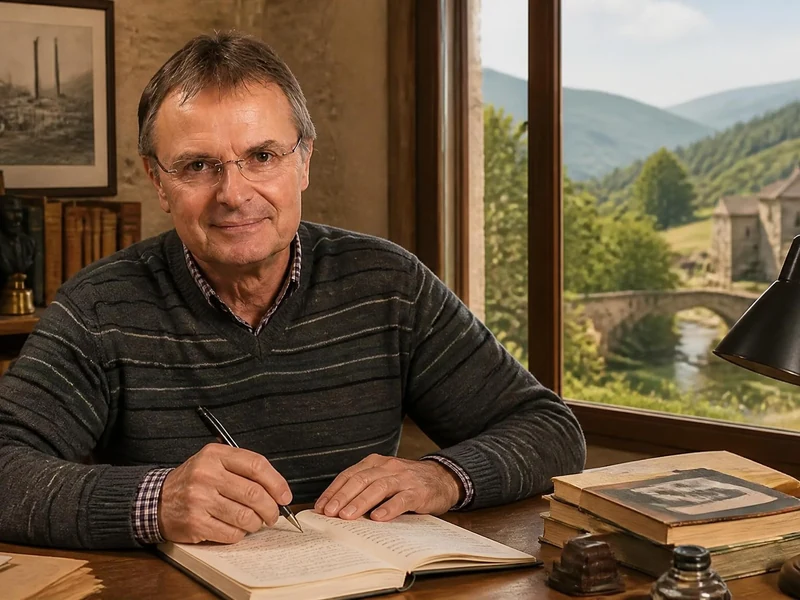 L'écrivain Christian Laborie assis à son bureau en train d'écrire face à un paysage verdoyant