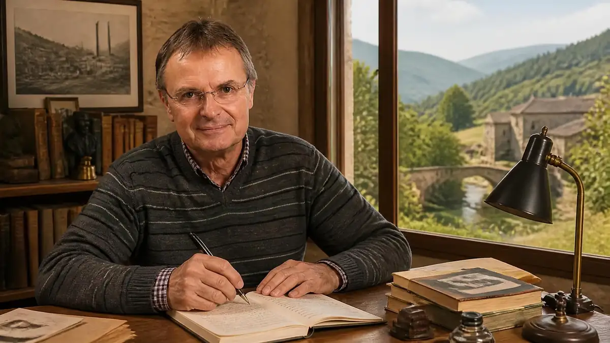 L'écrivain Christian Laborie assis à son bureau en train d'écrire face à un paysage verdoyant