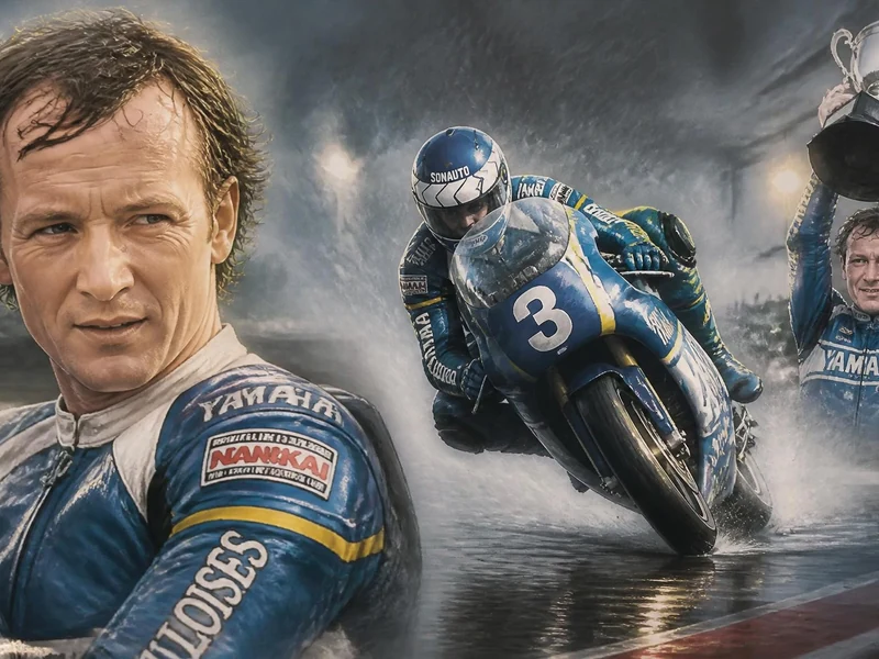 Montage illustrant les moments forts de la carrière du pilote moto Christian Sarron en pleine course et sur le podium