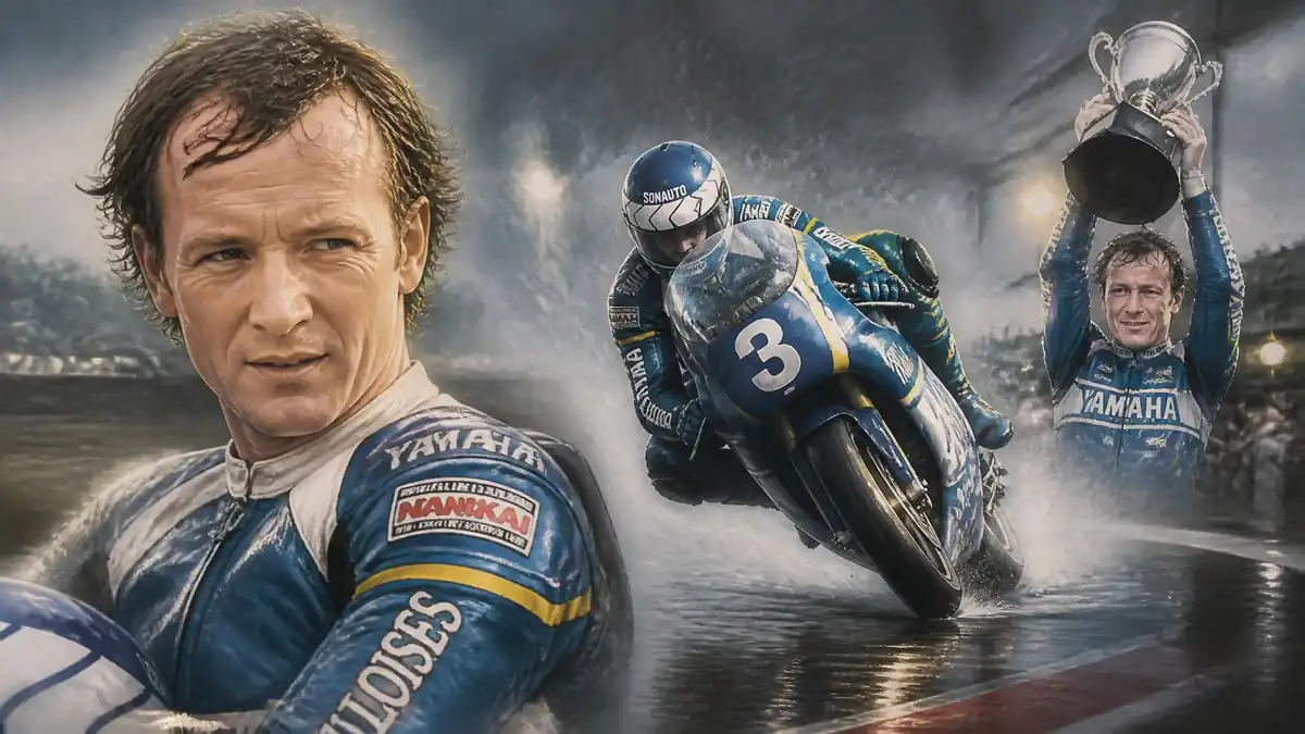 Montage illustrant les moments forts de la carrière du pilote moto Christian Sarron en pleine course et sur le podium