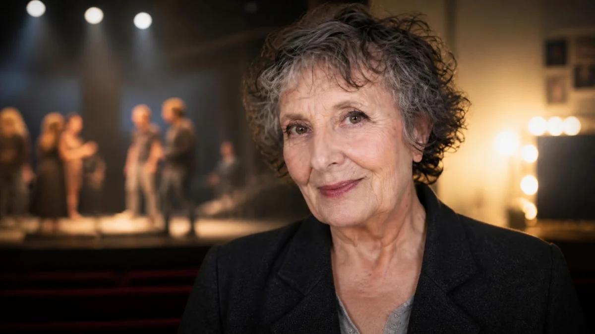 Portrait de la comédienne Christiane Cohendy souriante dans une salle de théâtre avec des silhouettes en arrière-plan