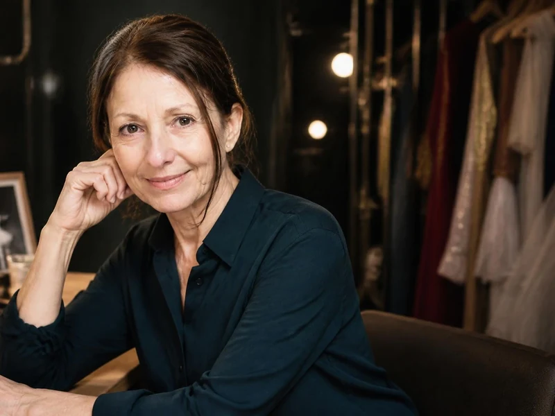 Portrait de Christiane Ludot souriante dans une loge de théâtre avec des costumes en arrière-plan