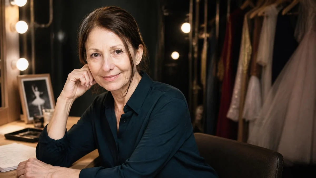 Portrait de Christiane Ludot souriante dans une loge de théâtre avec des costumes en arrière-plan