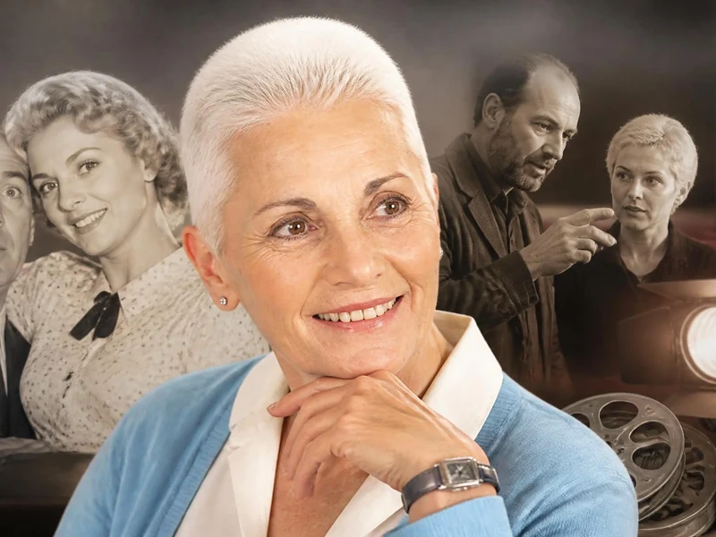 Portrait de la comédienne Christiane Muller entourée d'images illustrant ses rôles marquants au cinéma