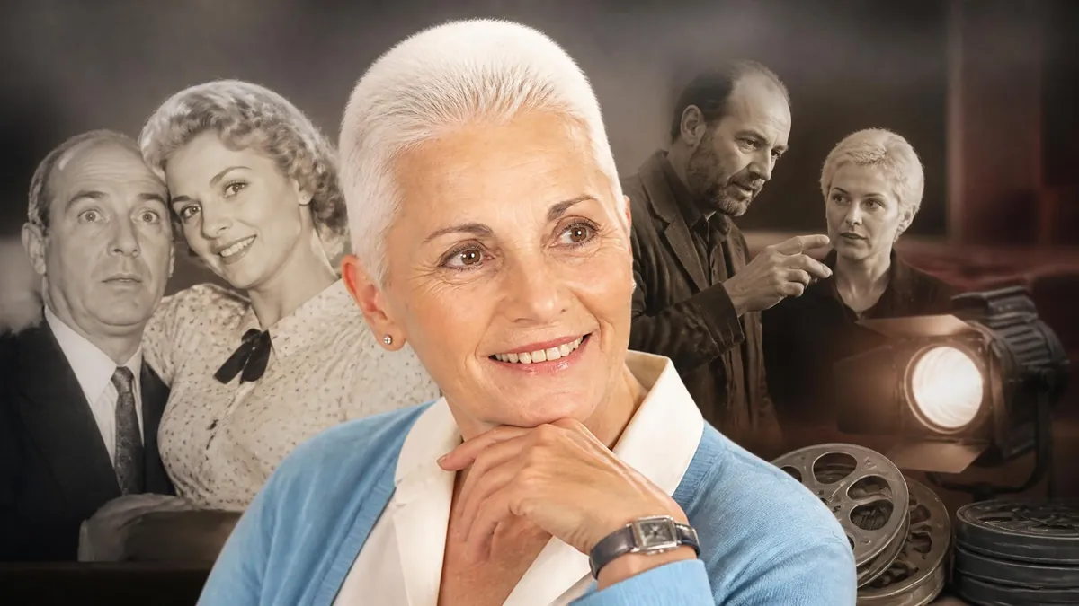 Portrait de la comédienne Christiane Muller entourée d'images illustrant ses rôles marquants au cinéma