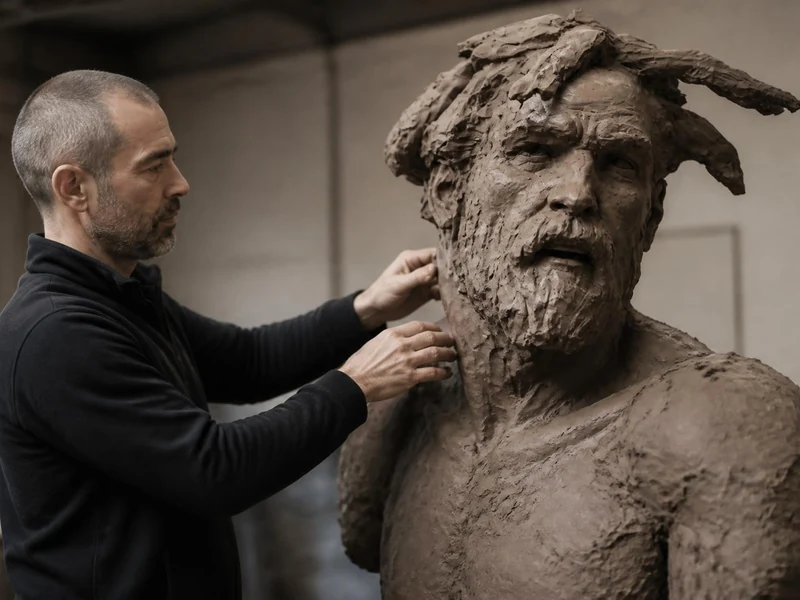 Christophe Charbonnel façonne avec précision une imposante sculpture en argile dans son atelier