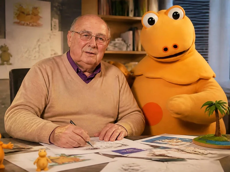 Christophe Izard dessine à son bureau aux côtés de la célèbre marionnette orange Casimir