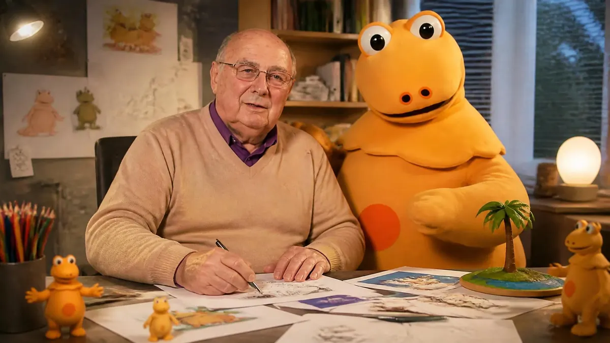 Christophe Izard dessine à son bureau aux côtés de la célèbre marionnette orange Casimir