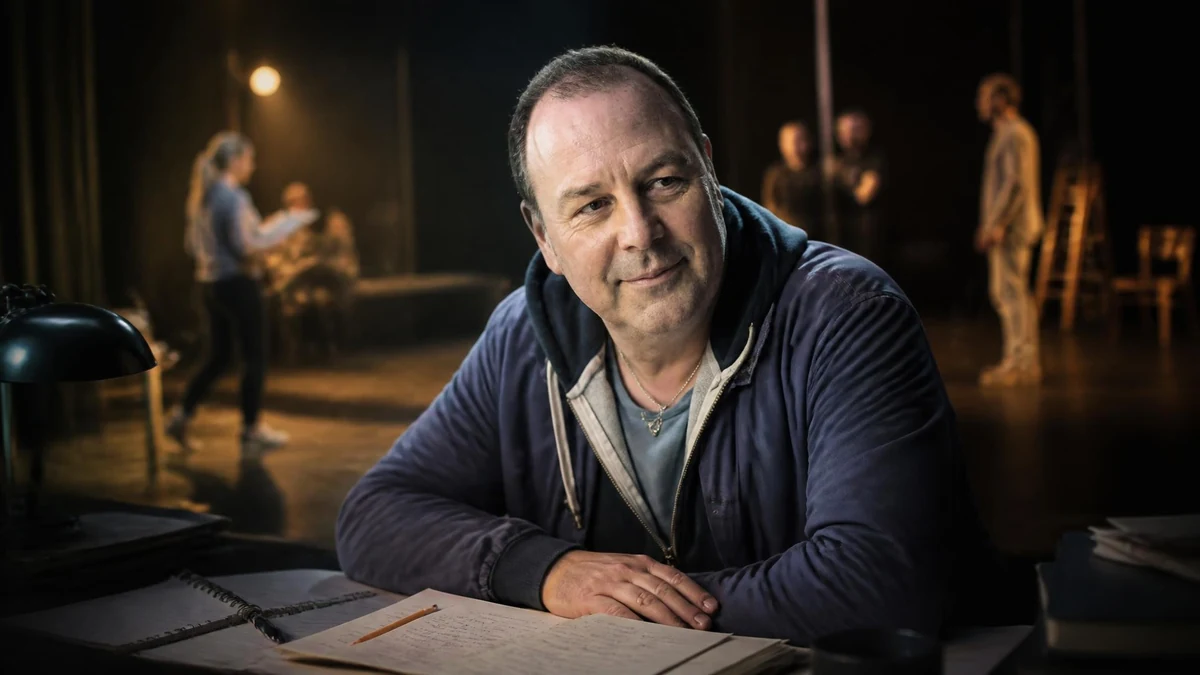 Portrait de Christophe Rauck assis à une table de travail avec des comédiens en répétition en arrière-plan