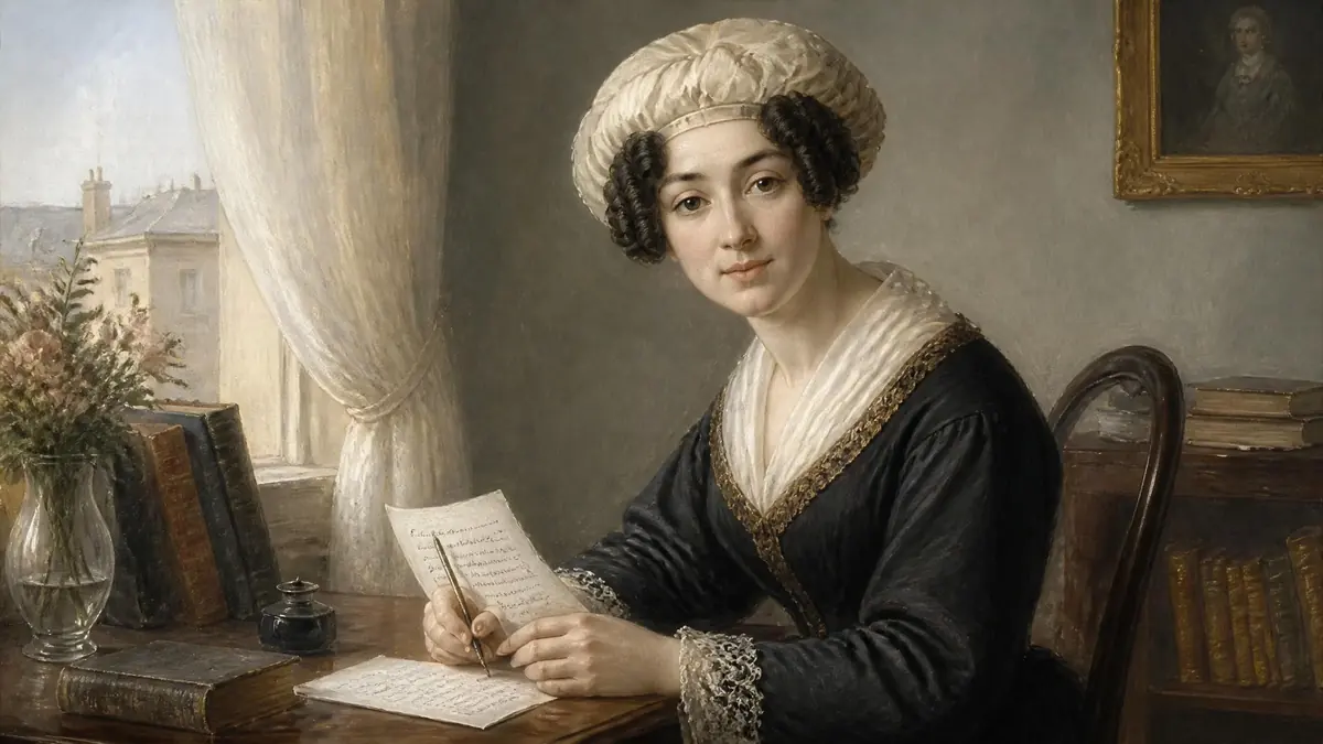 Portrait peint représentant Claire de Duras assise à son bureau en train d'écrire une lettre