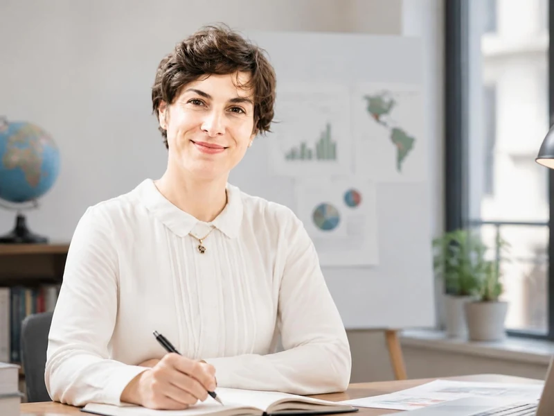 Claire Montialoux souriante et assise à son bureau en train de prendre des notes dans un carnet
