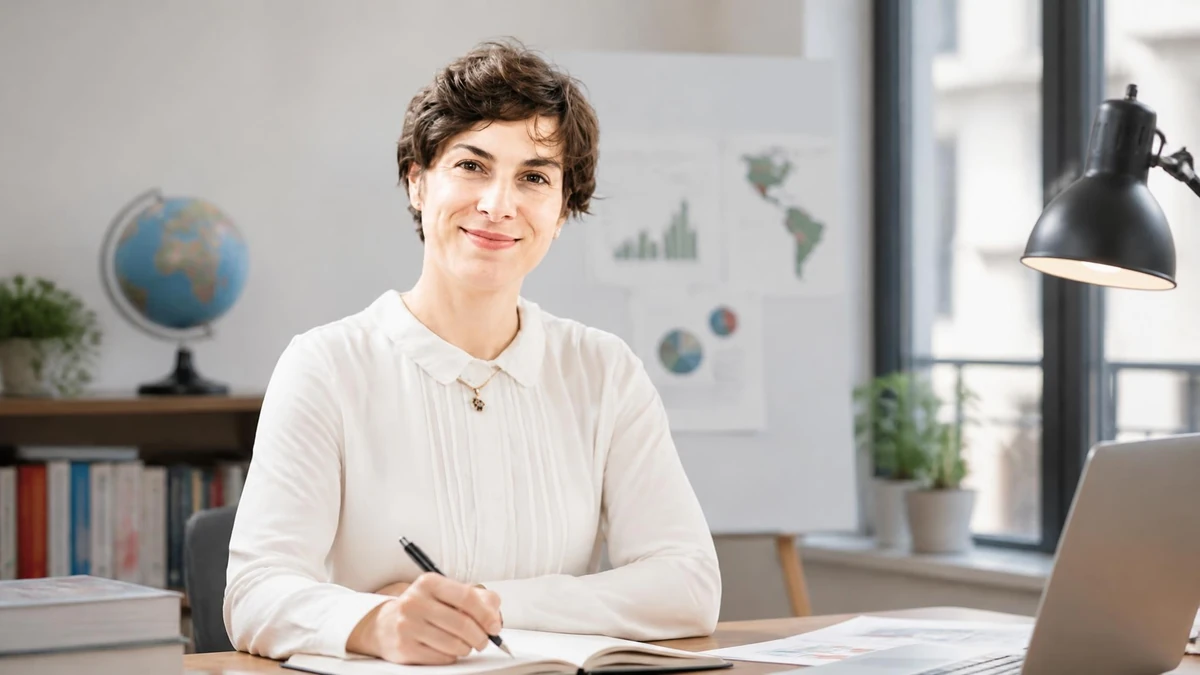 Claire Montialoux souriante et assise à son bureau en train de prendre des notes dans un carnet