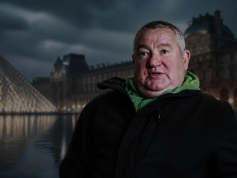 Portrait de l'artiste Claude Lévêque devant la pyramide du Louvre de nuit